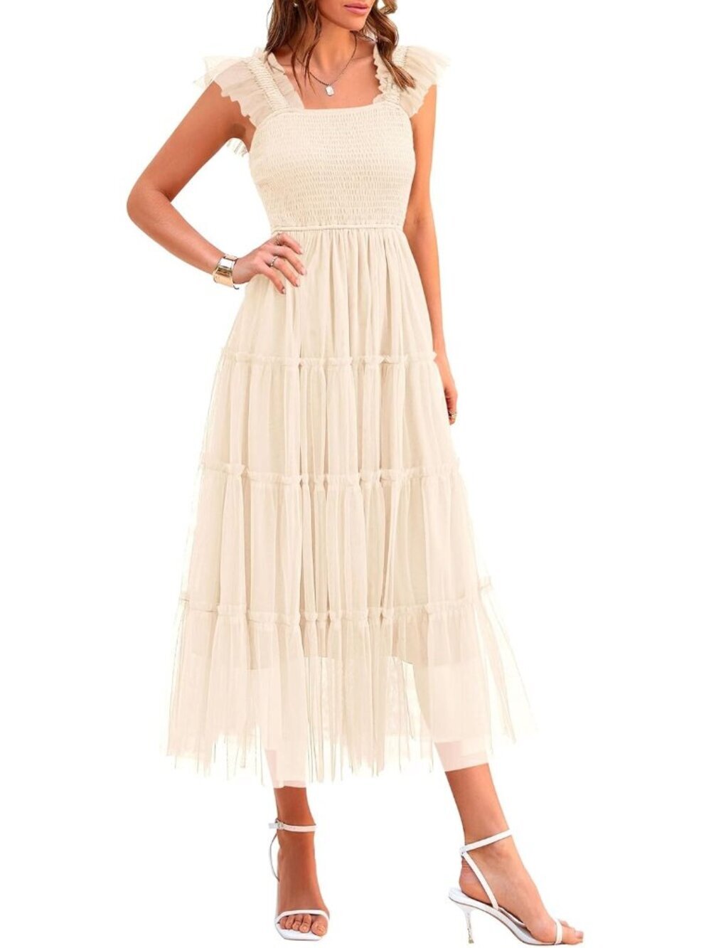 Women's Beige Summer Midi Tulle Dress Sleeveless Smocked Square Neck Ruffle
